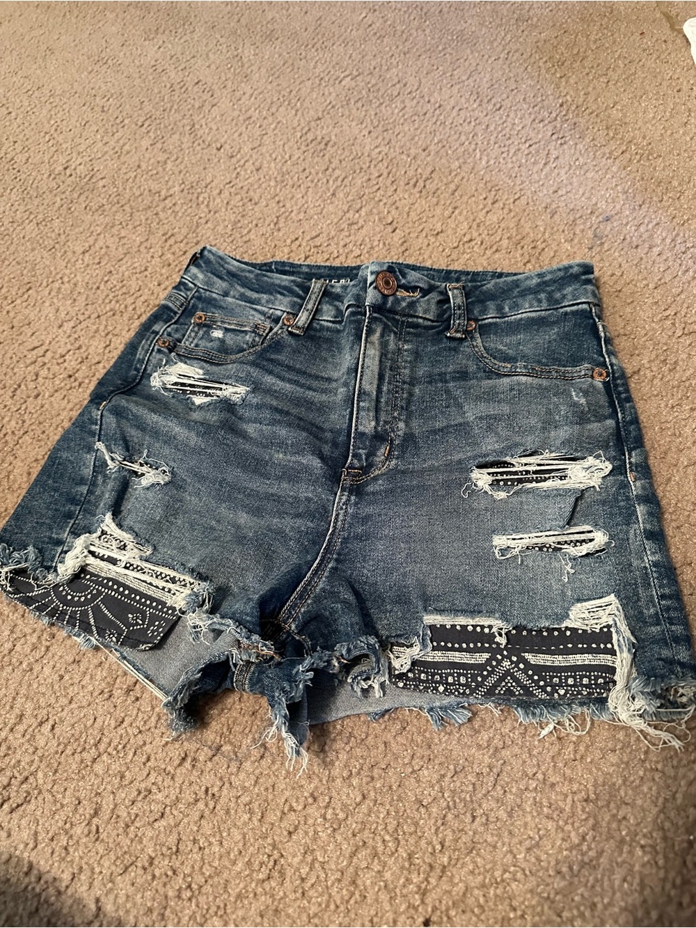 American Eagle Outfitters Dark Blue Distressed Denim Shorts with Bandana Patch